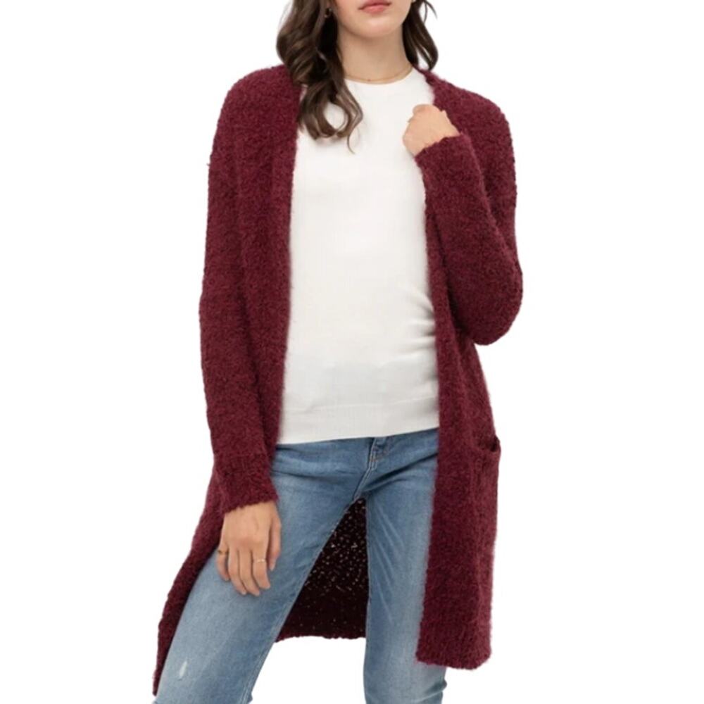 Ava & Viv Maroon Pocket Cardigan Boucle Knit Sweater Womens Plus 0X Long Sleeve